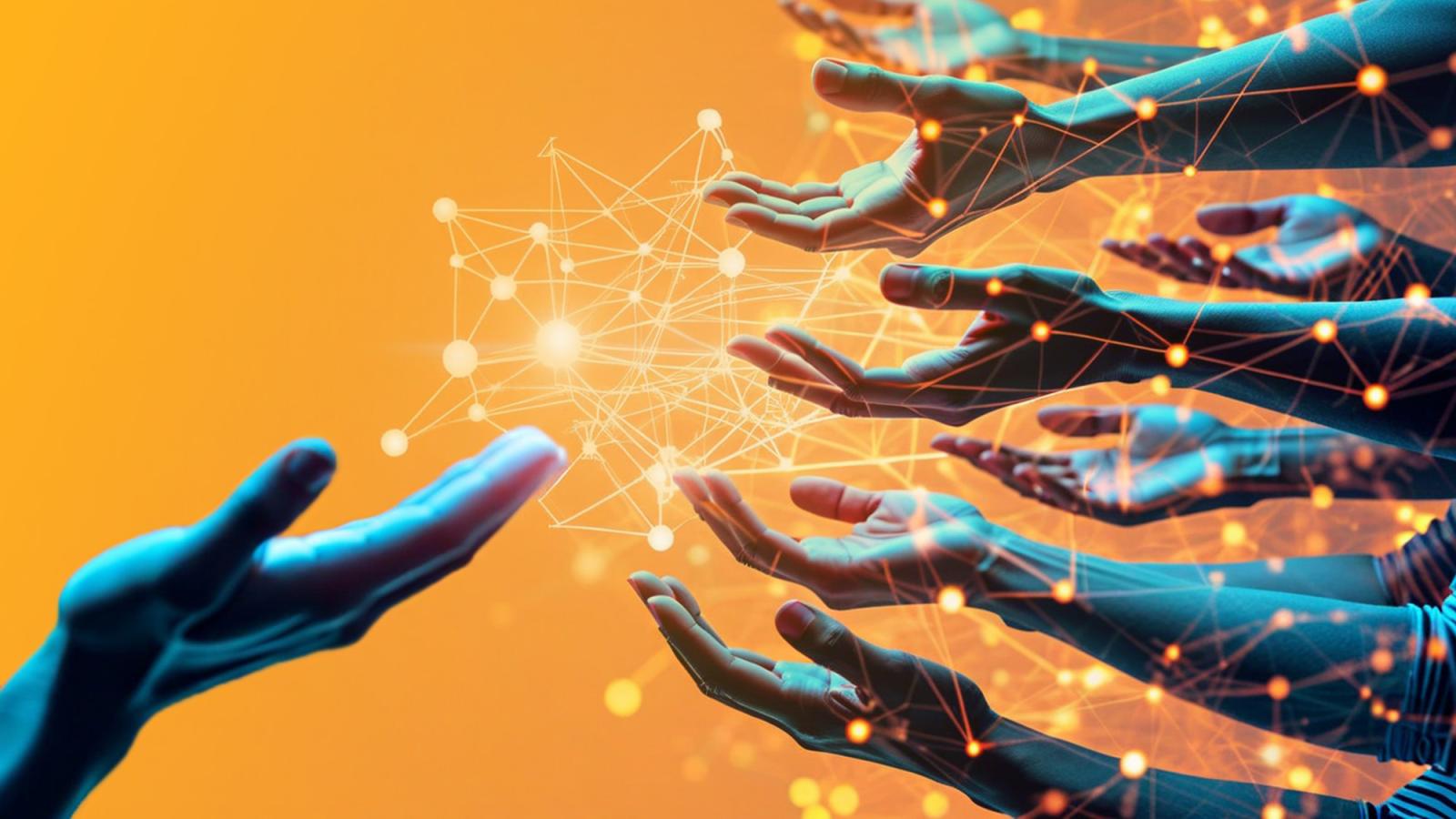 An AI generated image of many hands reaching out to one.